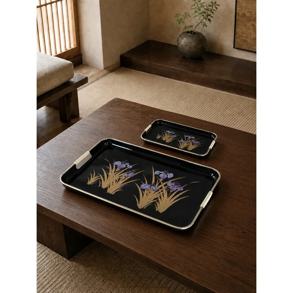 Vintage Japanese Lacquerware Tray Set Black Gold Purple Iris Floral 2 Pieces